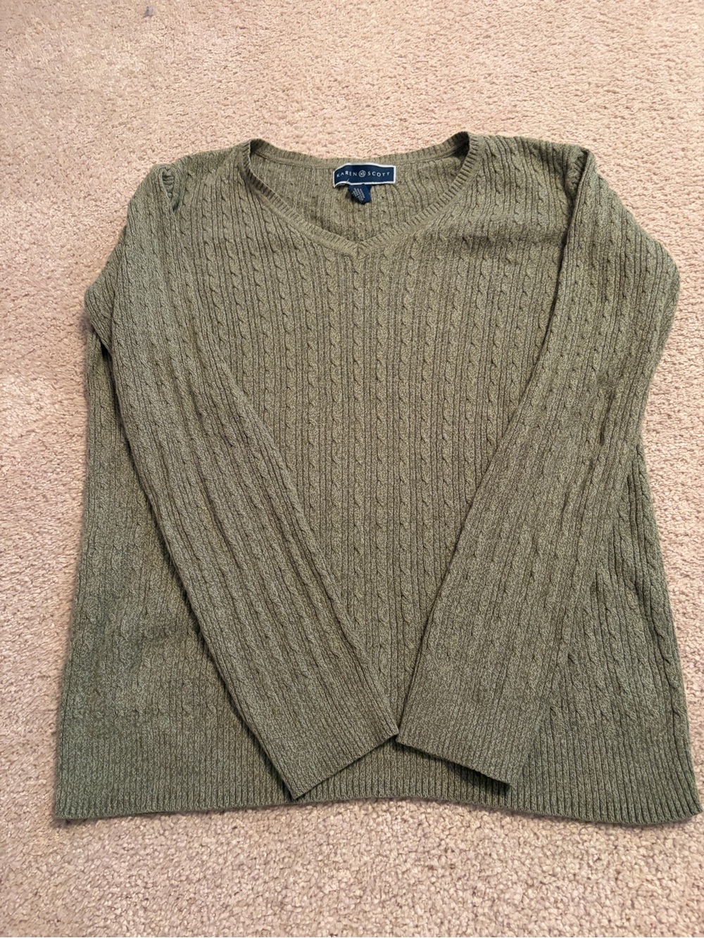 Karen Scott Olive Cable-Knit V-Neck Sweater